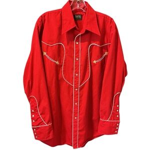 Vintage Fenton Western Shirt Red Pearl Snap Extra Long Tail Cowboy Rodeo